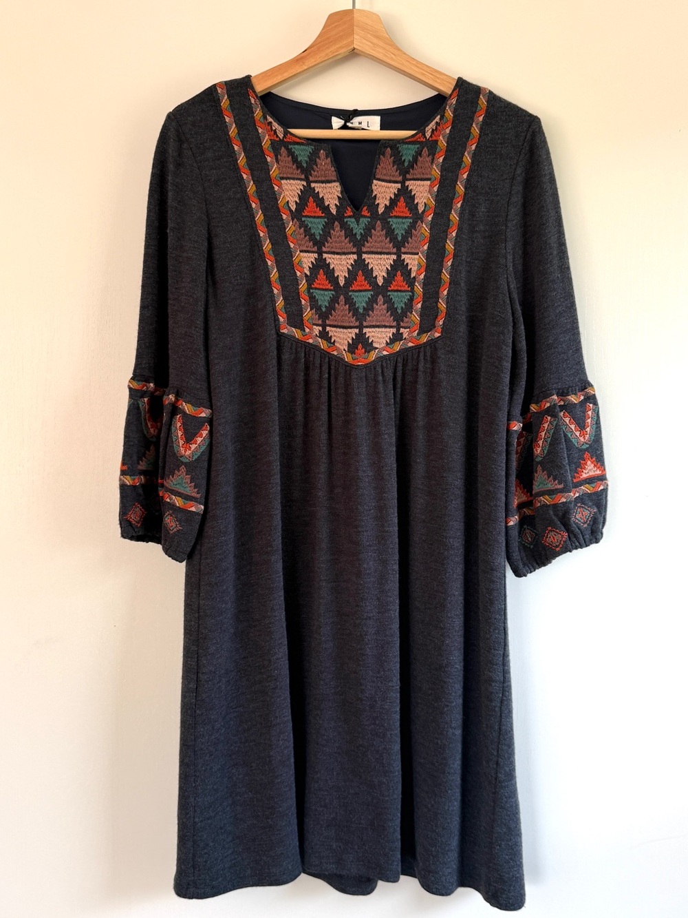 THML Embroidered Knit Heather Gray Boho Tunic Dress